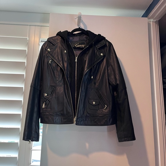 Guess Black Biker Jacket with sweater hoodie - Picture 1 of 10